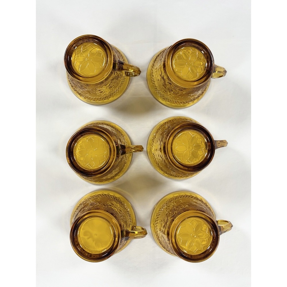 Set of 6 Tiara Indiana Glass Amber Sandwich Daisy Pattern Punch Tea Cups Vintage - Picture 15 of 16